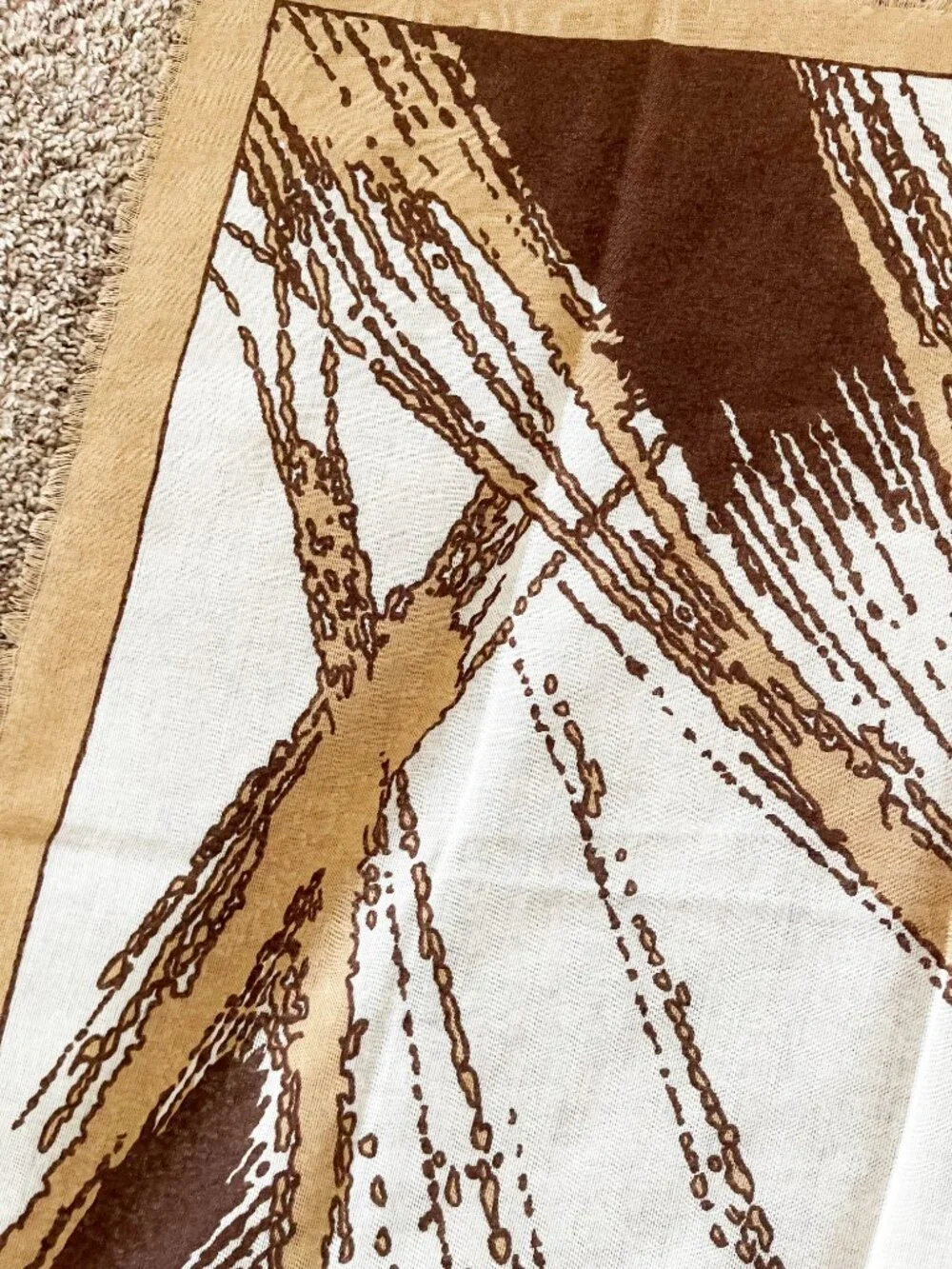Abstract Brown Tan Cream Square Scarf Raw Fringe Lightweight Boho Wrap